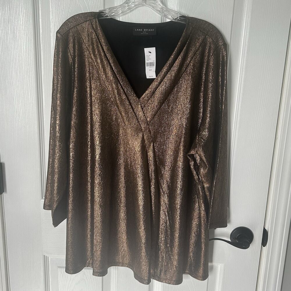 Lane Bryant 18/20 Copper Gold Metallic Sparkle Swing V Neck 3/4 Sleeve Top NWT
